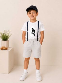 MALKIAT - Boys White Printed Pure Cotton T-Shirt with Shorts & Cap Suspender