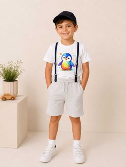 MALKIAT - Boys White Printed Pure Cotton T-Shirt with Shorts & Cap Suspender