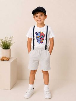 MALKIAT - Boys White Printed Pure Cotton T-Shirt with Shorts & Cap Suspender