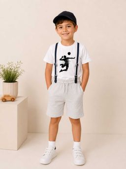 MALKIAT - Boys White Printed Pure Cotton T-Shirt with Shorts & Cap Suspender