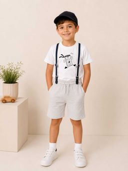 MALKIAT - Boys White Printed Pure Cotton T-Shirt with Shorts & Cap Suspender