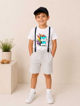 MALKIAT - Boys White Printed Pure Cotton T-Shirt with Shorts & Cap Suspender