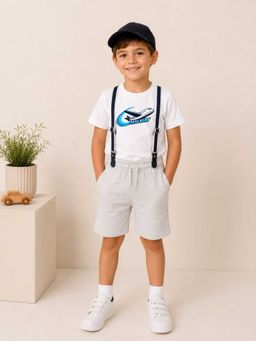 MALKIAT - Boys White Printed Pure Cotton T-Shirt with Shorts & Cap Suspender