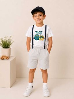 MALKIAT - Boys White Printed Pure Cotton T-Shirt with Shorts & Cap Suspender