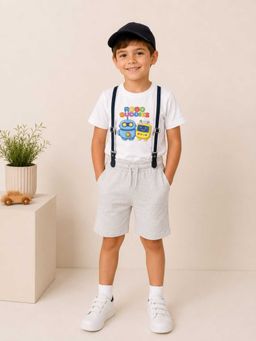 MALKIAT - Boys White Printed Pure Cotton T-Shirt with Shorts & Cap Suspender