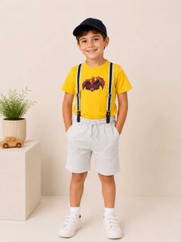 MALKIAT - Boys Yellow Printed Pure Cotton T-Shirt with Shorts & Cap Suspender