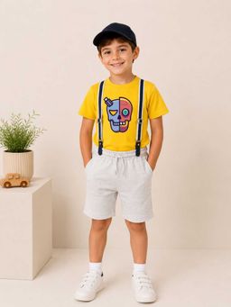 MALKIAT - Boys Yellow Printed Pure Cotton T-Shirt with Shorts & Cap Suspender