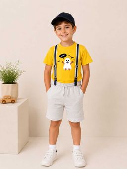 MALKIAT - Boys Yellow Printed Pure Cotton T-Shirt with Shorts & Cap Suspender