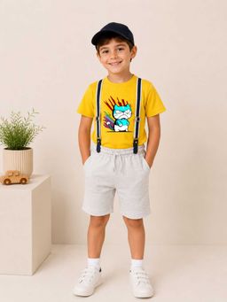 MALKIAT - Boys Yellow Printed Pure Cotton T-Shirt with Shorts & Cap Suspender