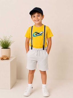 MALKIAT - Boys Yellow Printed Pure Cotton T-Shirt with Shorts & Cap Suspender