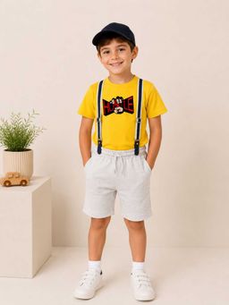 MALKIAT - Boys Yellow Printed Pure Cotton T-Shirt with Shorts & Cap Suspender