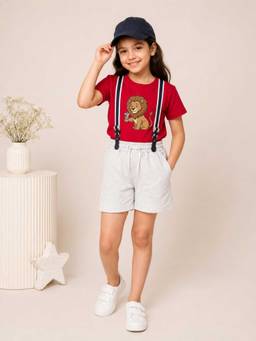 MALKIAT - Girls Red Printed Pure Cotton T-Shirt with Shorts & Cap Suspender