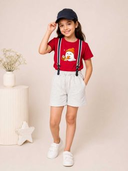 MALKIAT - Girls Red Printed Pure Cotton T-Shirt with Shorts & Cap Suspender