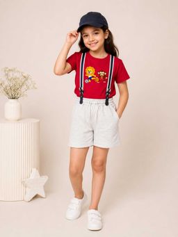 MALKIAT - Girls Red Printed Pure Cotton T-Shirt with Shorts & Cap Suspender