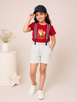 MALKIAT - Girls Red Printed Pure Cotton T-Shirt with Shorts & Cap Suspender