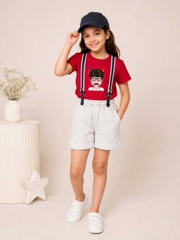 MALKIAT - Girls Red Printed Pure Cotton T-Shirt with Shorts & Cap Suspender