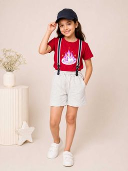 MALKIAT - Girls Red Printed Pure Cotton T-Shirt with Shorts & Cap Suspender