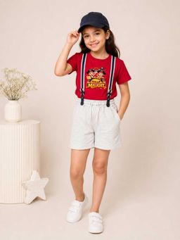 MALKIAT - Girls Red Printed Pure Cotton T-Shirt with Shorts & Cap Suspender