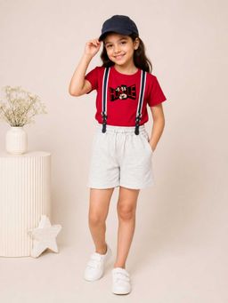 MALKIAT - Girls Red Printed Pure Cotton T-Shirt with Shorts & Cap Suspender