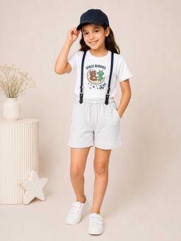 MALKIAT - Girls White Printed Pure Cotton T-Shirt with Shorts & Cap Suspender