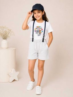 MALKIAT - Girls White Printed Pure Cotton T-Shirt with Shorts & Cap Suspender