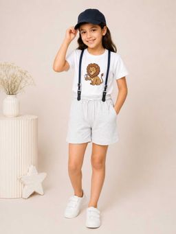 MALKIAT - Girls White Printed Pure Cotton T-Shirt with Shorts & Cap Suspender