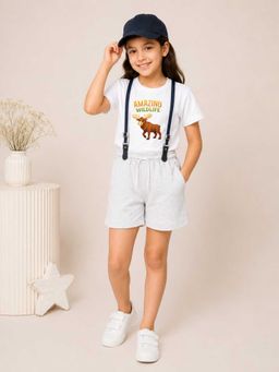 MALKIAT - Girls White Printed Pure Cotton T-Shirt with Shorts & Cap Suspender
