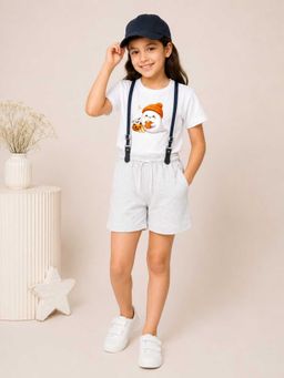 MALKIAT - Girls White Printed Pure Cotton T-Shirt with Shorts & Cap Suspender