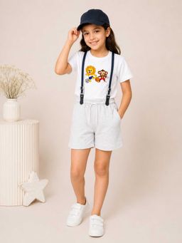 MALKIAT - Girls White Printed Pure Cotton T-Shirt with Shorts & Cap Suspender