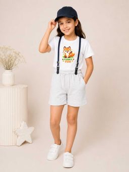 MALKIAT - Girls White Printed Pure Cotton T-Shirt with Shorts & Cap Suspender