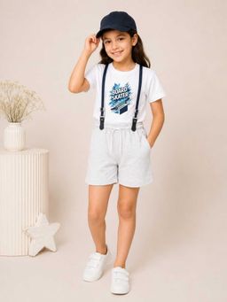 MALKIAT - Girls White Printed Pure Cotton T-Shirt with Shorts & Cap Suspender