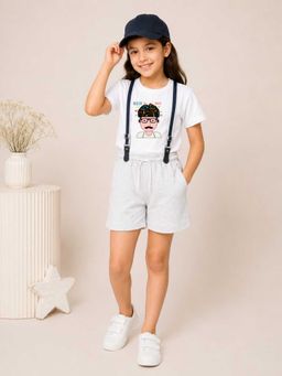MALKIAT - Girls White Printed Pure Cotton T-Shirt with Shorts & Cap Suspender