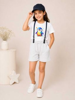MALKIAT - Girls White Printed Pure Cotton T-Shirt with Shorts & Cap Suspender