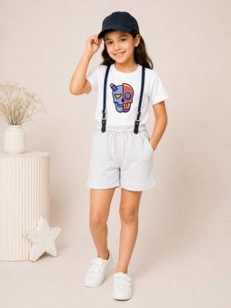 MALKIAT - Girls White Printed Pure Cotton T-Shirt with Shorts & Cap Suspender