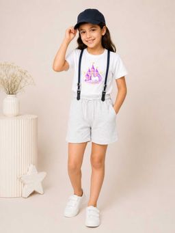 MALKIAT - Girls White Printed Pure Cotton T-Shirt with Shorts & Cap Suspender
