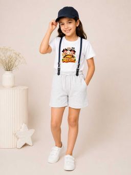 MALKIAT - Girls White Printed Pure Cotton T-Shirt with Shorts & Cap Suspender