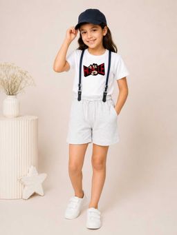 MALKIAT - Girls White Printed Pure Cotton T-Shirt with Shorts & Cap Suspender