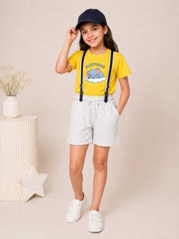 MALKIAT - Girls Yellow Printed Pure Cotton T-Shirt with Shorts & Cap Suspender