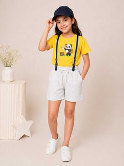 MALKIAT - Girls Yellow Printed Pure Cotton T-Shirt with Shorts & Cap Suspender