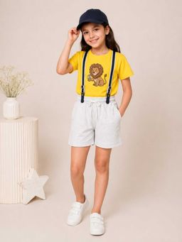 MALKIAT - Girls Yellow Printed Pure Cotton T-Shirt with Shorts & Cap Suspender