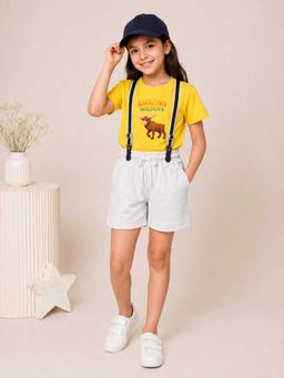 MALKIAT - Girls Yellow Printed Pure Cotton T-Shirt with Shorts & Cap Suspender