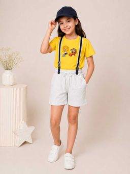 MALKIAT - Girls Yellow Printed Pure Cotton T-Shirt with Shorts & Cap Suspender