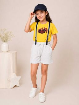 MALKIAT - Girls Yellow Printed Pure Cotton T-Shirt with Shorts & Cap Suspender