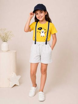 MALKIAT - Girls Yellow Printed Pure Cotton T-Shirt with Shorts & Cap Suspender