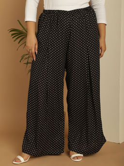 theRebelinme - Plus Size Women's Black Polka Dot Printed Flared Palazzos