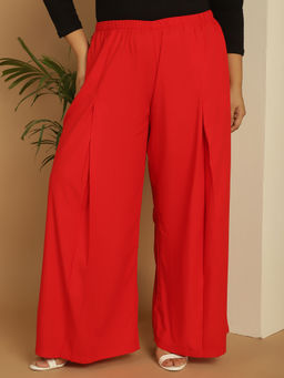 theRebelinme - Plus Size Women's Red Solid Color Flared Palazzos