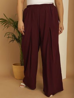 theRebelinme - Plus Size Women's Burgundy Solid Color Flared Palazzos