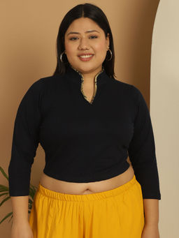 theRebelinme - Plus Size Women's Navy Blue Solid Color Cotton Knitted Crop Top