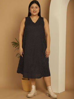 theRebelinme - Plus Size Women's Black Polka Dot Printed A-Line Midi Dress