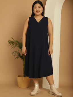 theRebelinme - Plus Size Women's Navy Blue Solid Color A-Line Midi Dress